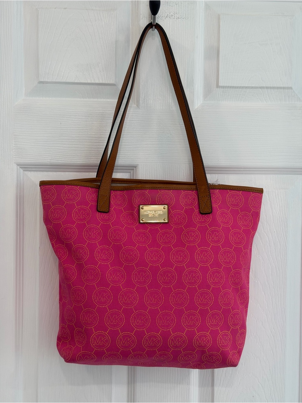 Michael Kors Hot Pink Logo Jacquard Tote with Brown Leather Straps